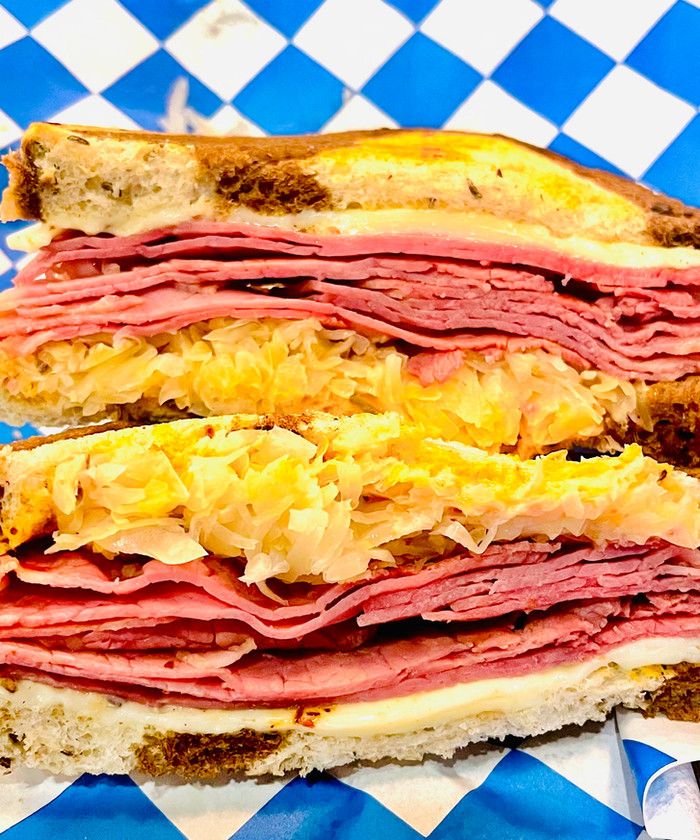 Quig's Reuben on grilled marble rye